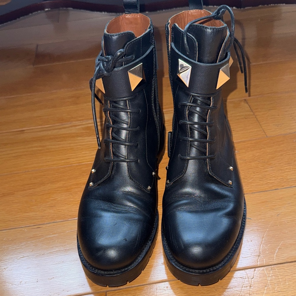 Valentino Garavani Black Ankle Boots with Gold Pyramids